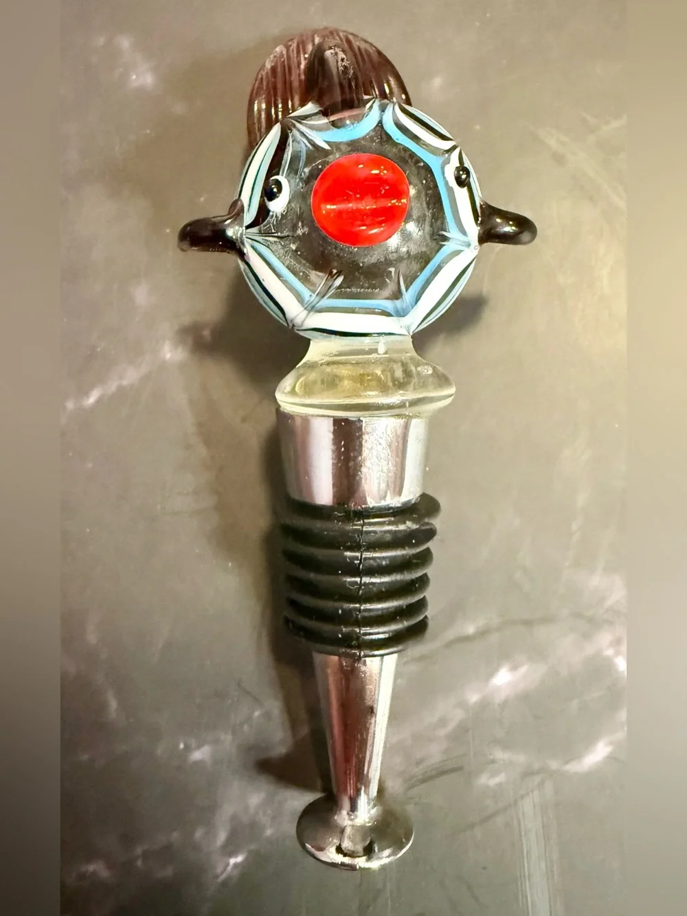 Art Glass Fish Wine Stopper – Tropical Blue & White Striped Fish